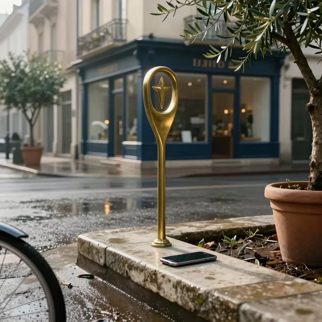 Wet main-street corner with brass location pin, storefronts, olive trees and a phone on stone ledge.