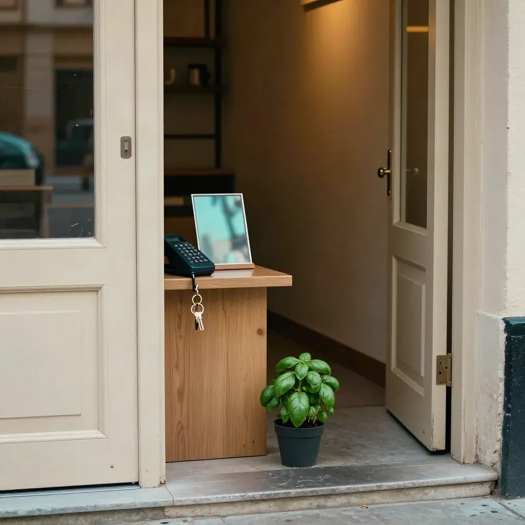 Storefront threshold with phone, key ring, sign holder, herb pot, and open door in warm morning light.