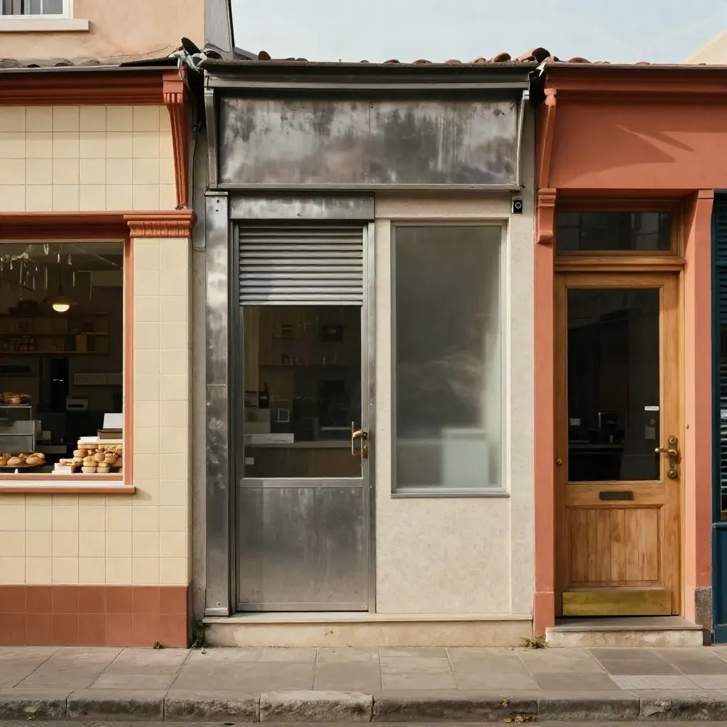 Four distinct storefront facades for bakery, repair, clinic, and home services in dramatic light.