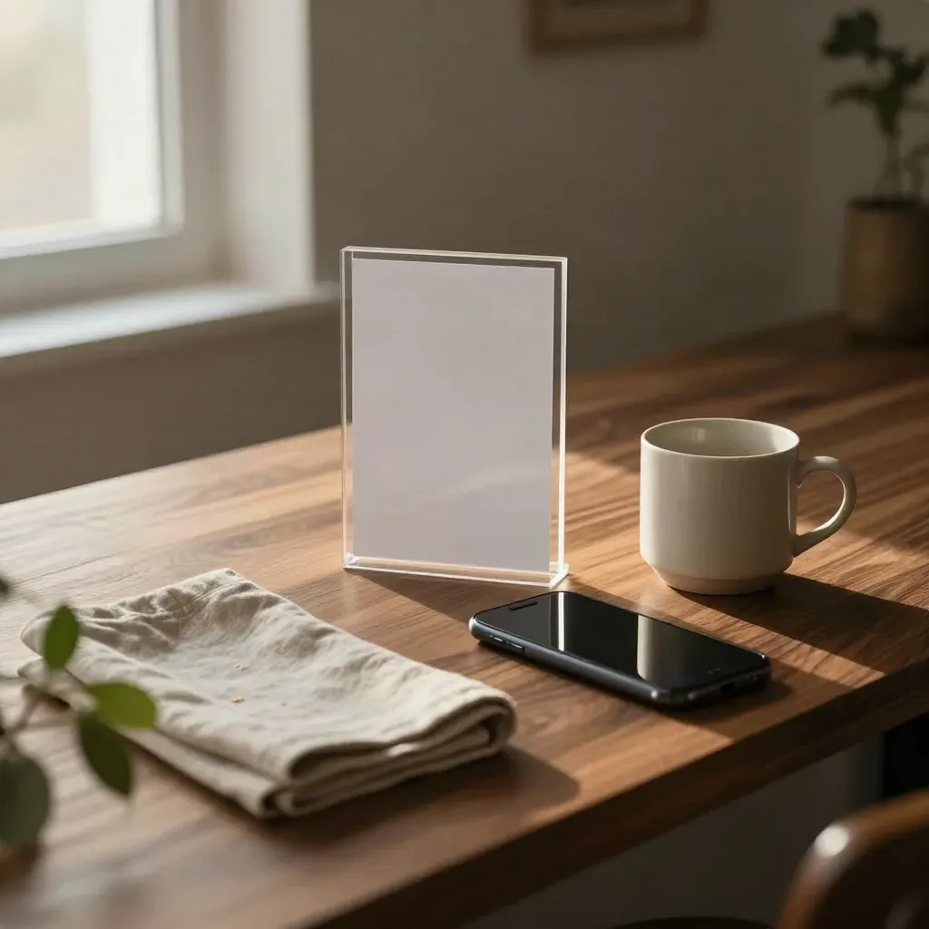 Onboarding counter with phone, card frame, cup, linen cloth and plant in sunrise light.