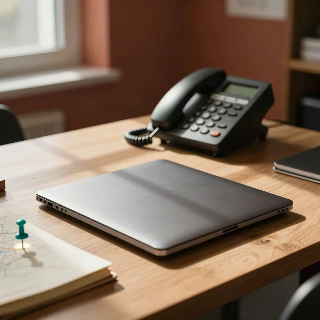 Sunlit service desk with a ringing phone, closed laptop, notebook, and teal map-pin paperweight.