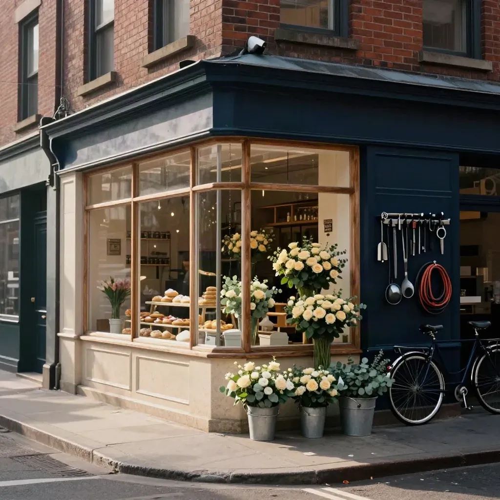 Elevated downtown block with bakery, florist, and repair shop facades in soft morning light