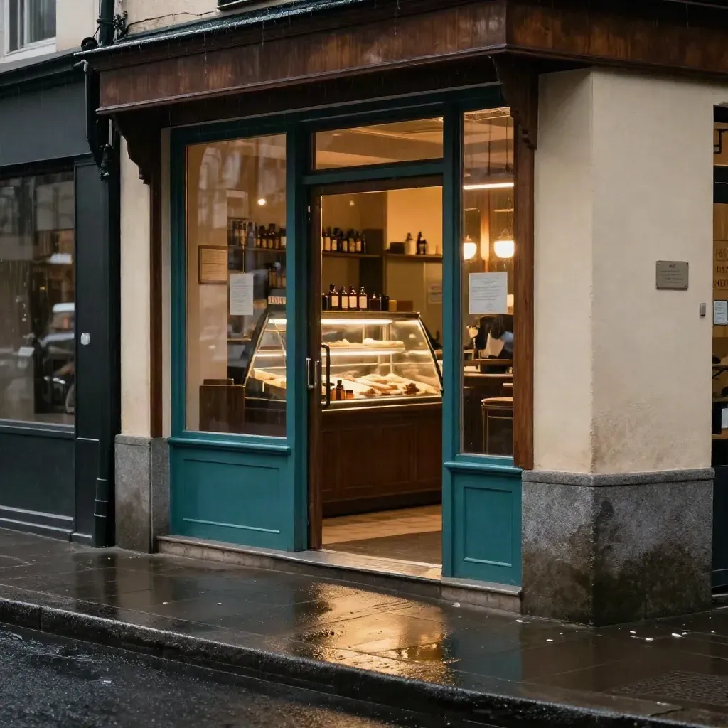 Open café and pharmacy doorways glowing over wet pavement after rain