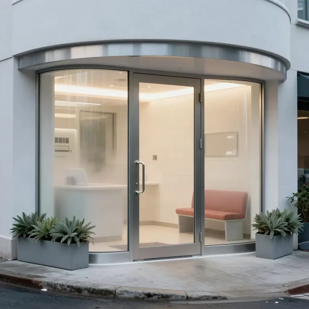 Low-angle white dental clinic facade glowing through frosted glass in morning mist