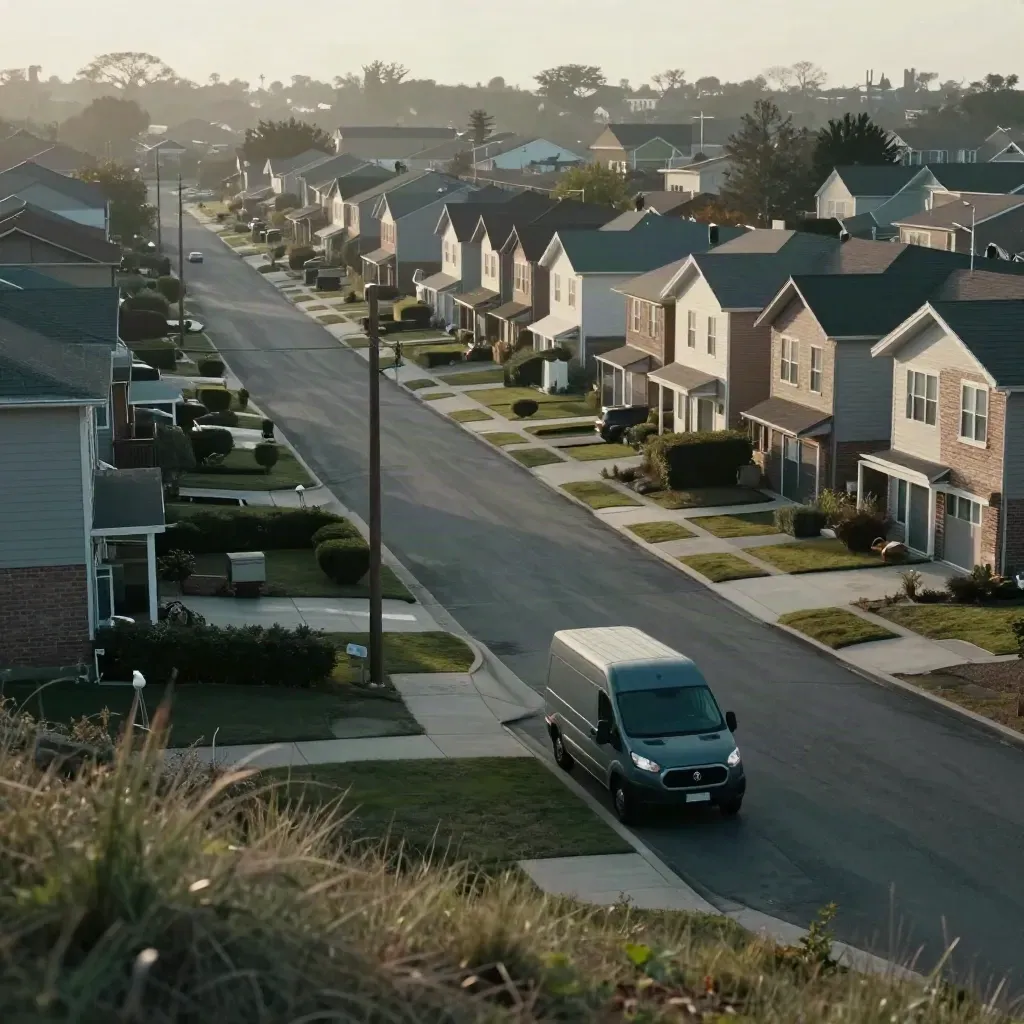 Elevated view of townhomes, side streets, and a parked work van in hazy light.