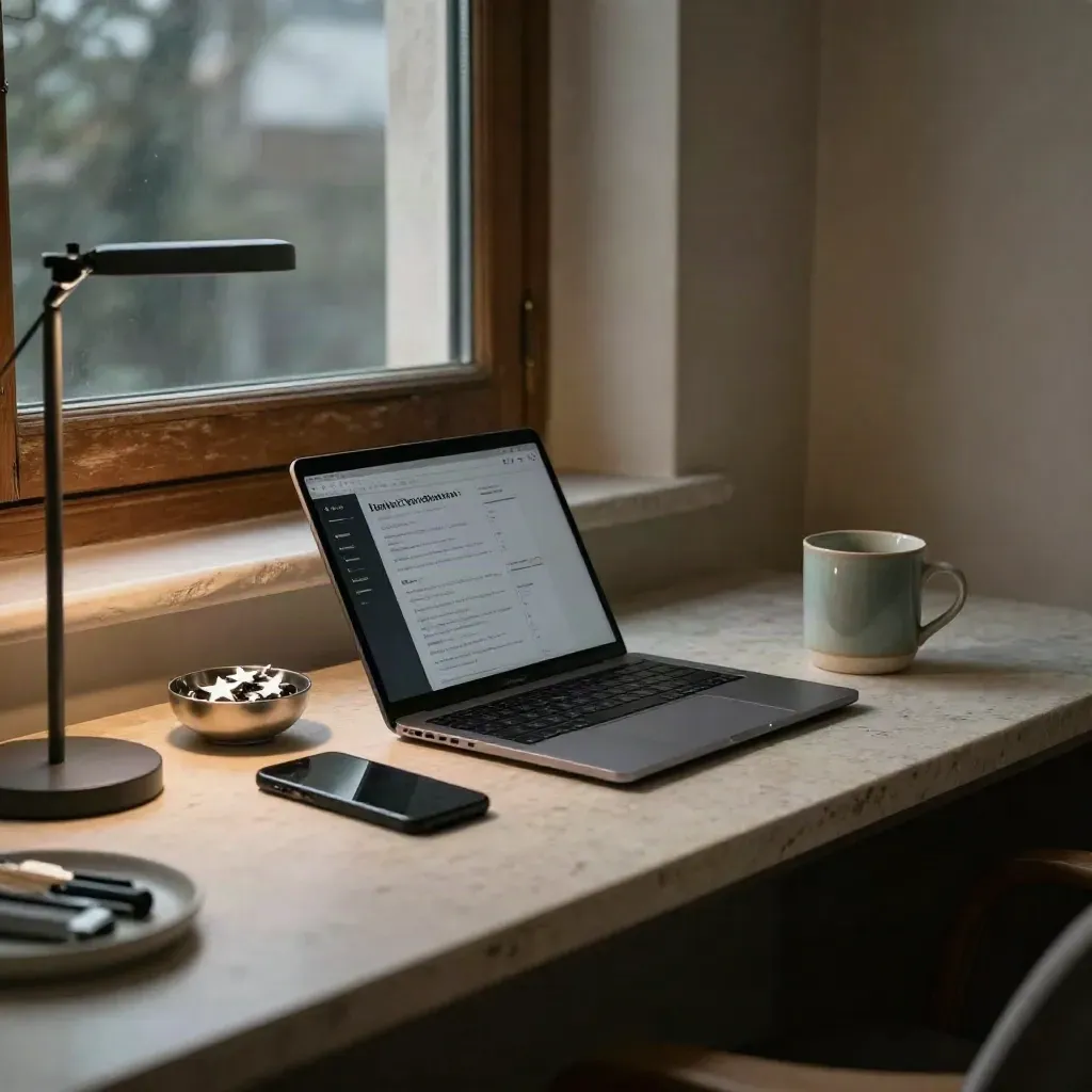 Back-office review reply nook with laptop, phone, star tokens, and mug in dusk light.