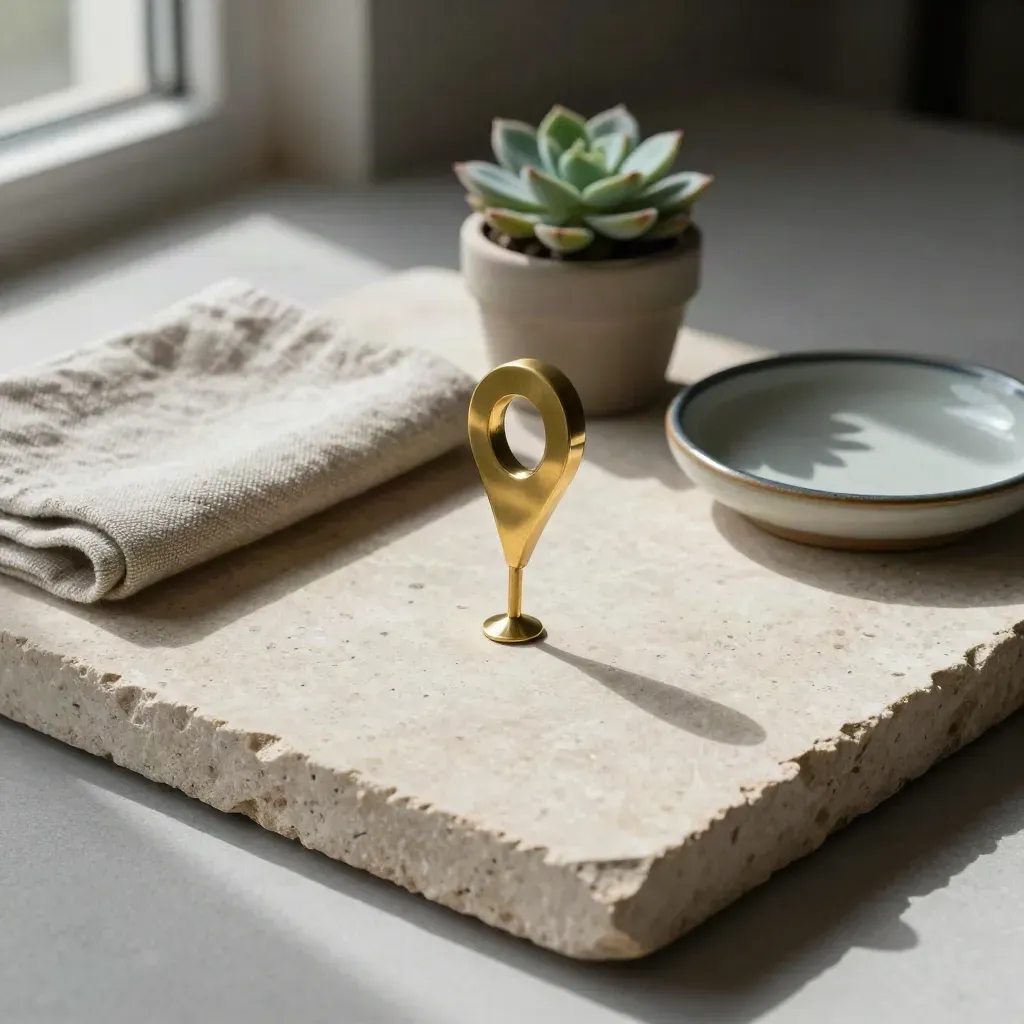 Overhead flatlay of brass location pin, linen, succulent and dish on pale stone.