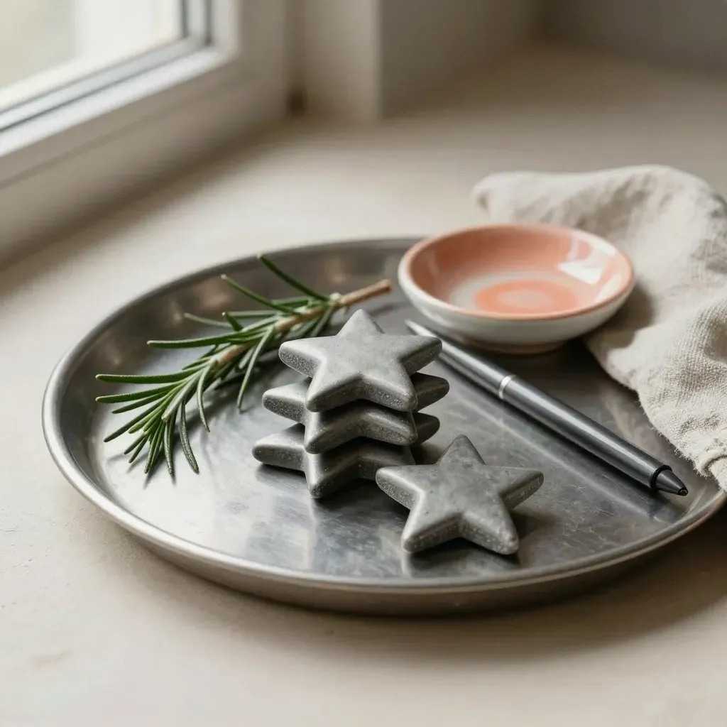 Star tokens, graphite pen, ceramic dish and rosemary on a brushed-metal tray.