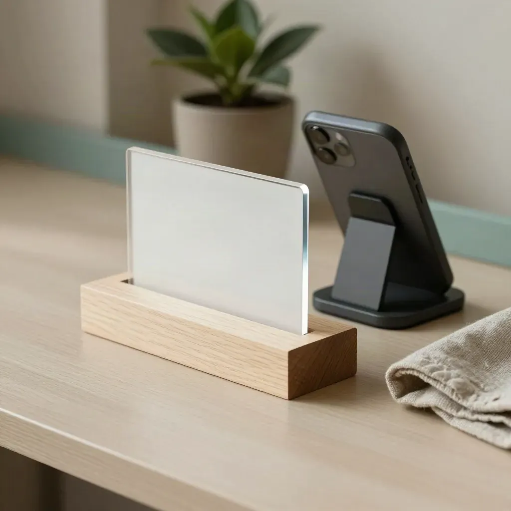 Minimal desk still life with file block, acrylic holder, phone stand, linen cloth, and plant