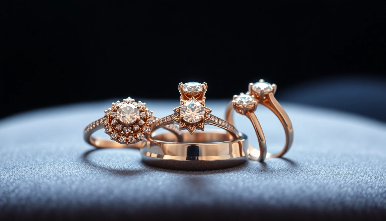 Admiring promise rings showcasing intricate designs and sparkling gemstones on a velvet surface.