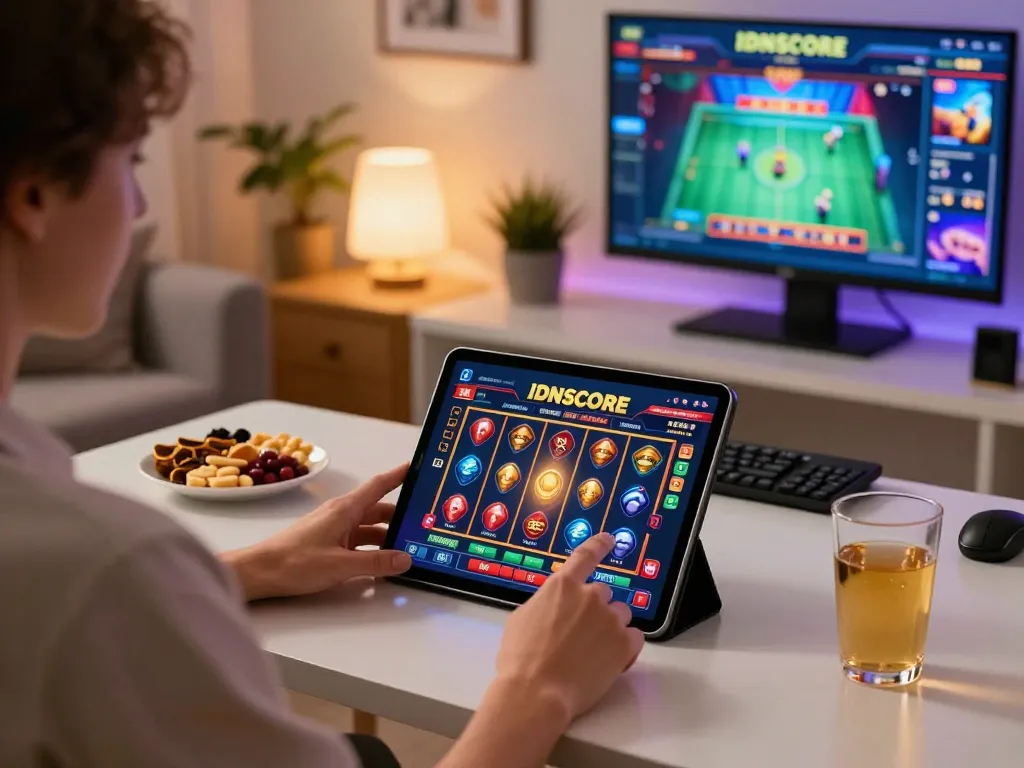 IDNSCORE player enjoying slot games on a tablet at home in a cozy and inviting setting.