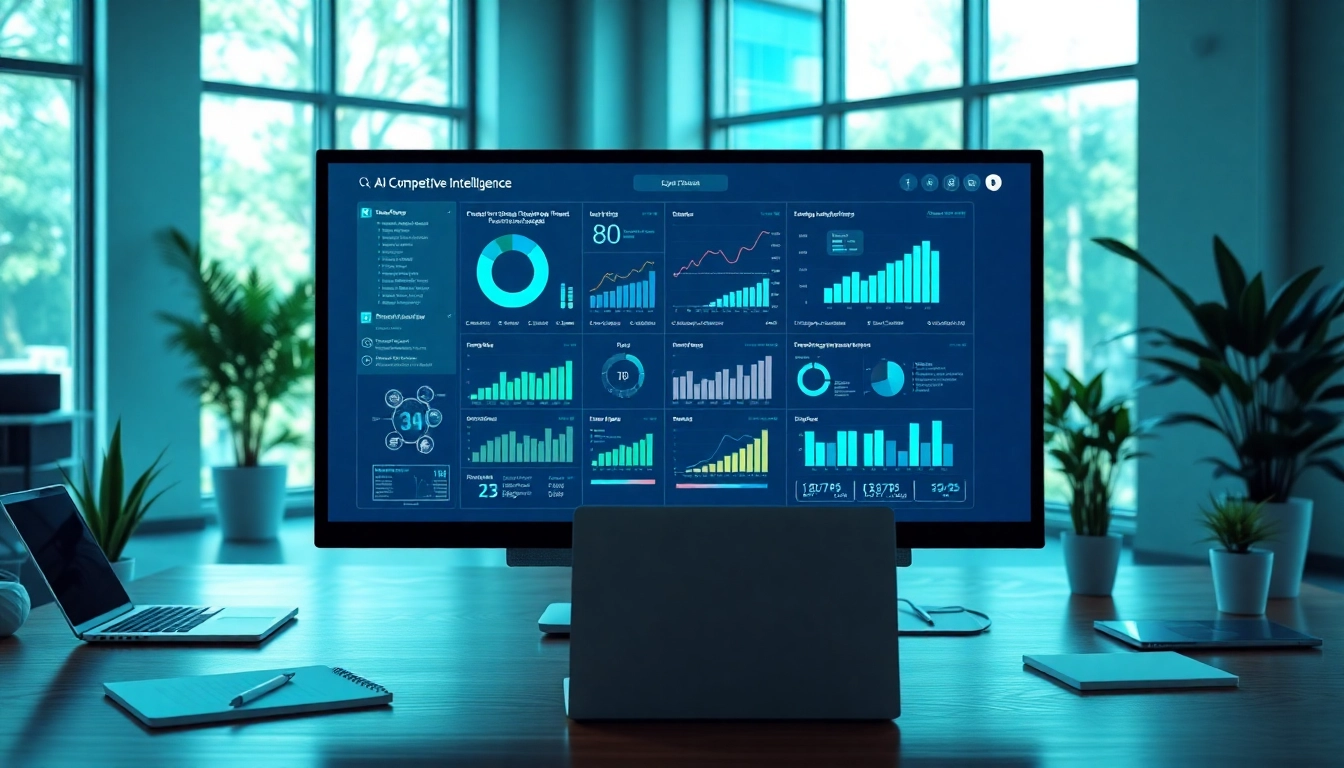 Utilizing AI for competitive intelligence in a professional digital workspace with analytics on screen.