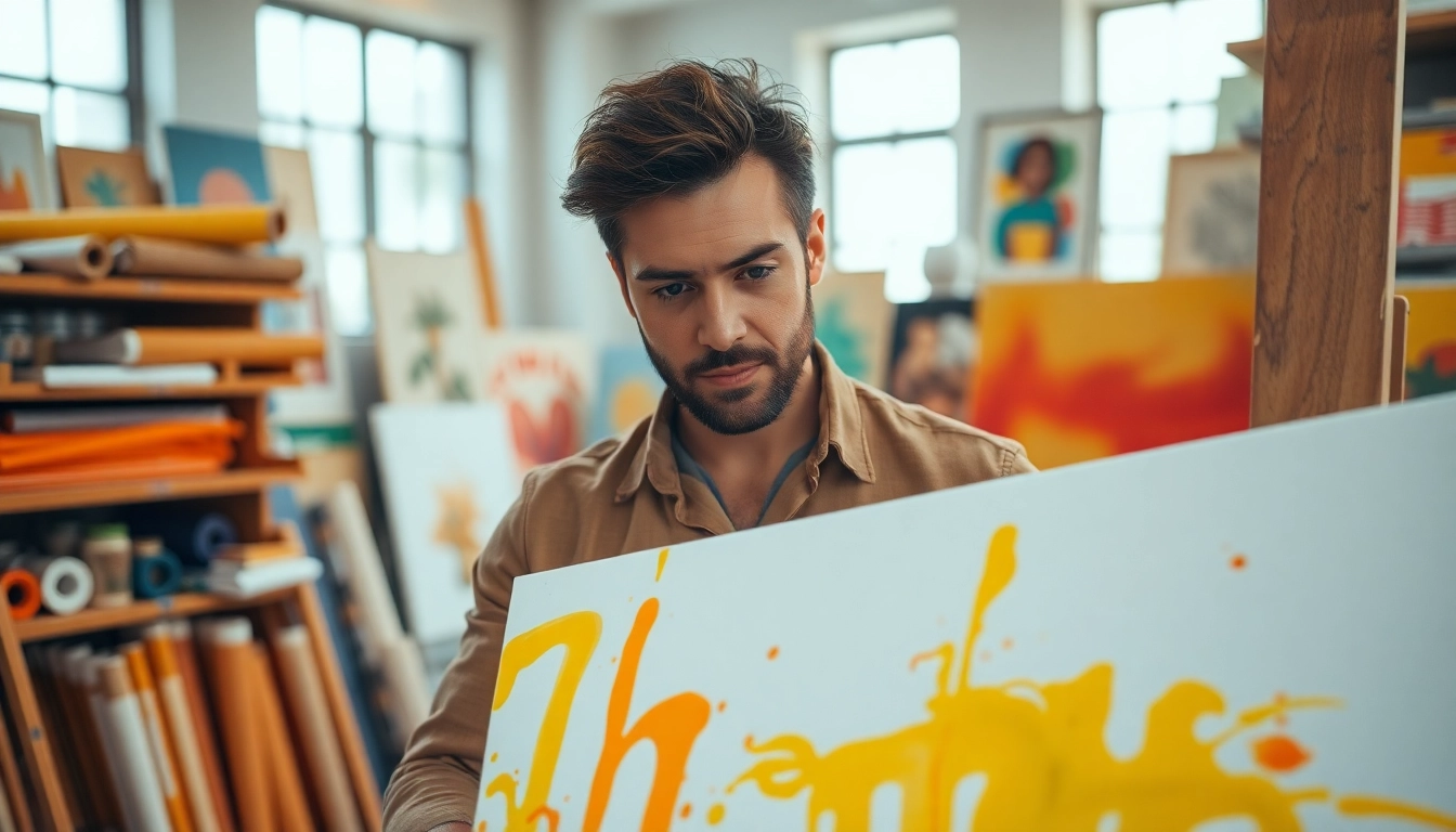Canvas waarop een kunstenaar kleurrijke abstracte schilderij aanbrengt in een creatieve studio.