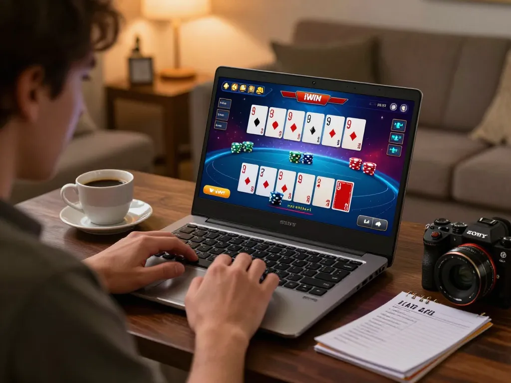 iWin online gaming setup showing a player's strategic poker game on a laptop with cards visible.