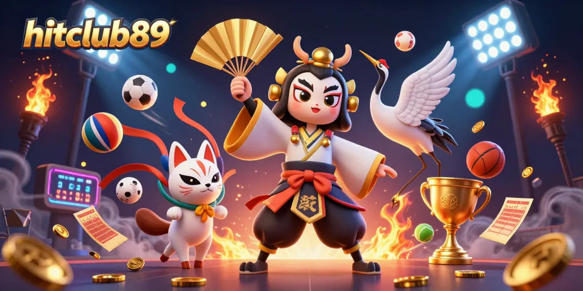 Hitclub89 showcases dynamic gambling with a 3D kabuki warrior and gold elements in action