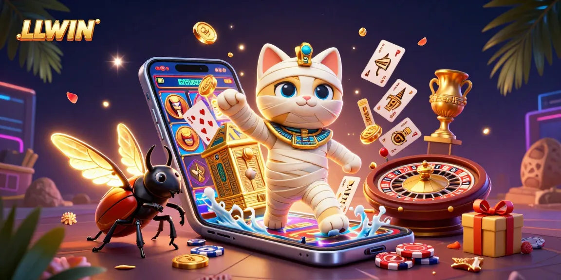 Experience thrilling wins with LLWIN in this vibrant pyramid casino illustration featuring a mummy cat.