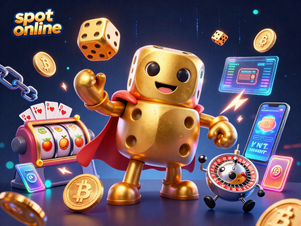 Experience thrilling slot online action with a lively 3D golden dice golem juggling coins and symbols.