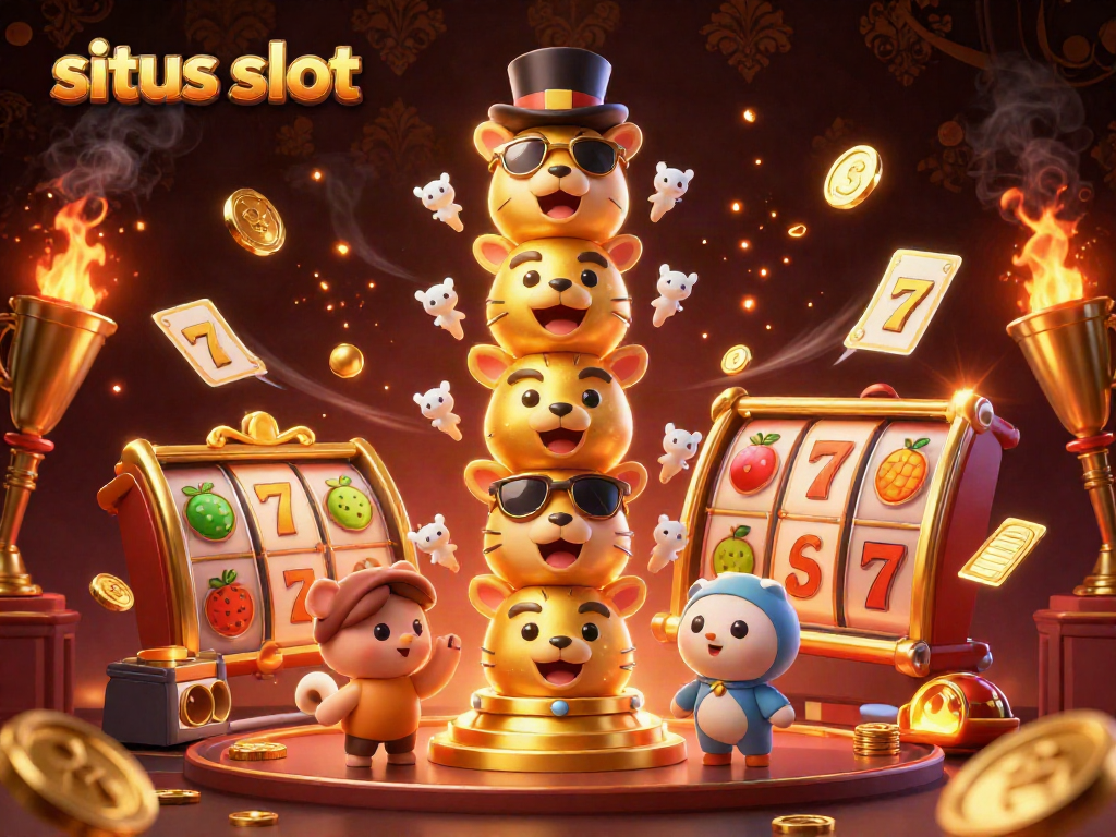 Situs slot: Engaging 3D illustration of a golden totem pole and slot elements showcasing vibrant casino symbols and excitement.