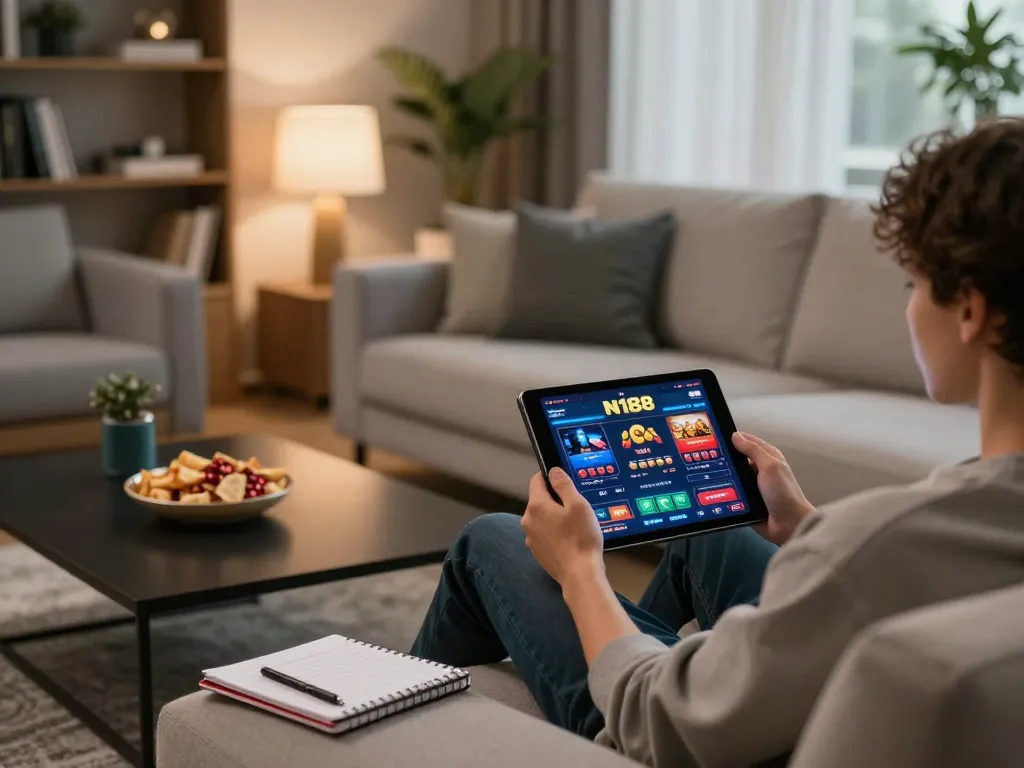 Player engaging with N188 online gaming app on tablet in a cozy living room setup.