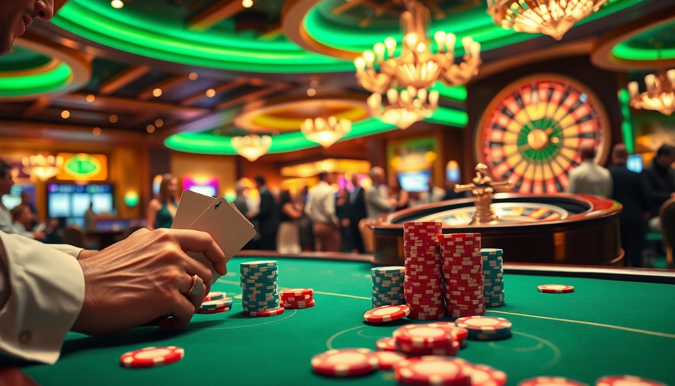 Erleben Sie aufregende casino-spiele de in einem lebendigen Kasino mit Pokerspielen und Roulettetisch.