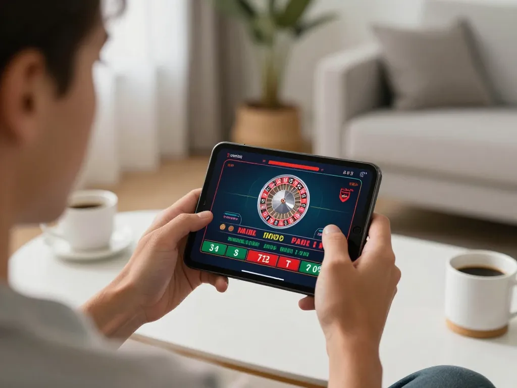 SAY88 player placing strategic bets on a mobile casino app in a stylish home setting.