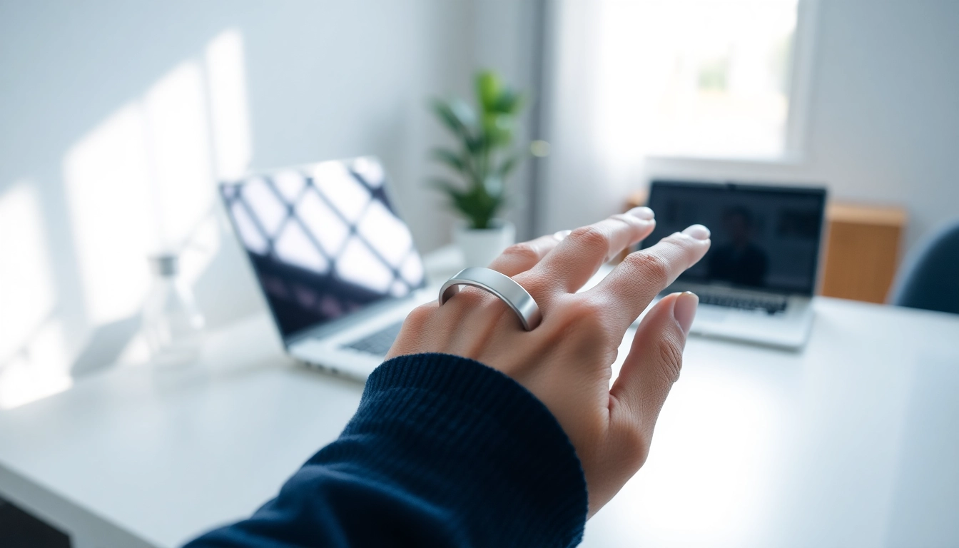 Showcasing a Smart Health Ring on wrist in a modern home office setting, highlighting its design and features.