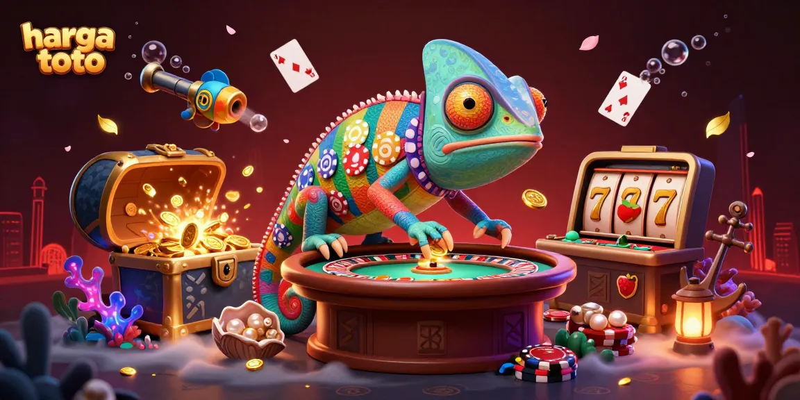 Menyaksikan permainan dengan harga toto, pemilik kasino chameleon 3D mengumpulkan koin emas di lautan harta karun.