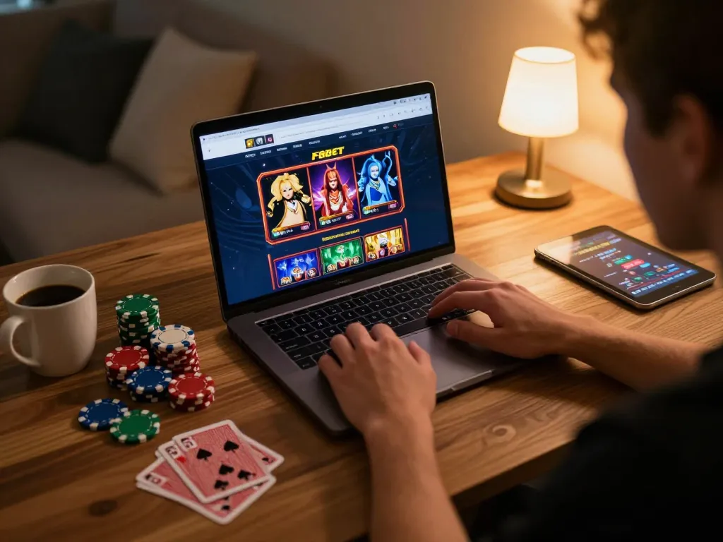 Engaging online gaming experience at F8BET with a player focused on their laptop interface