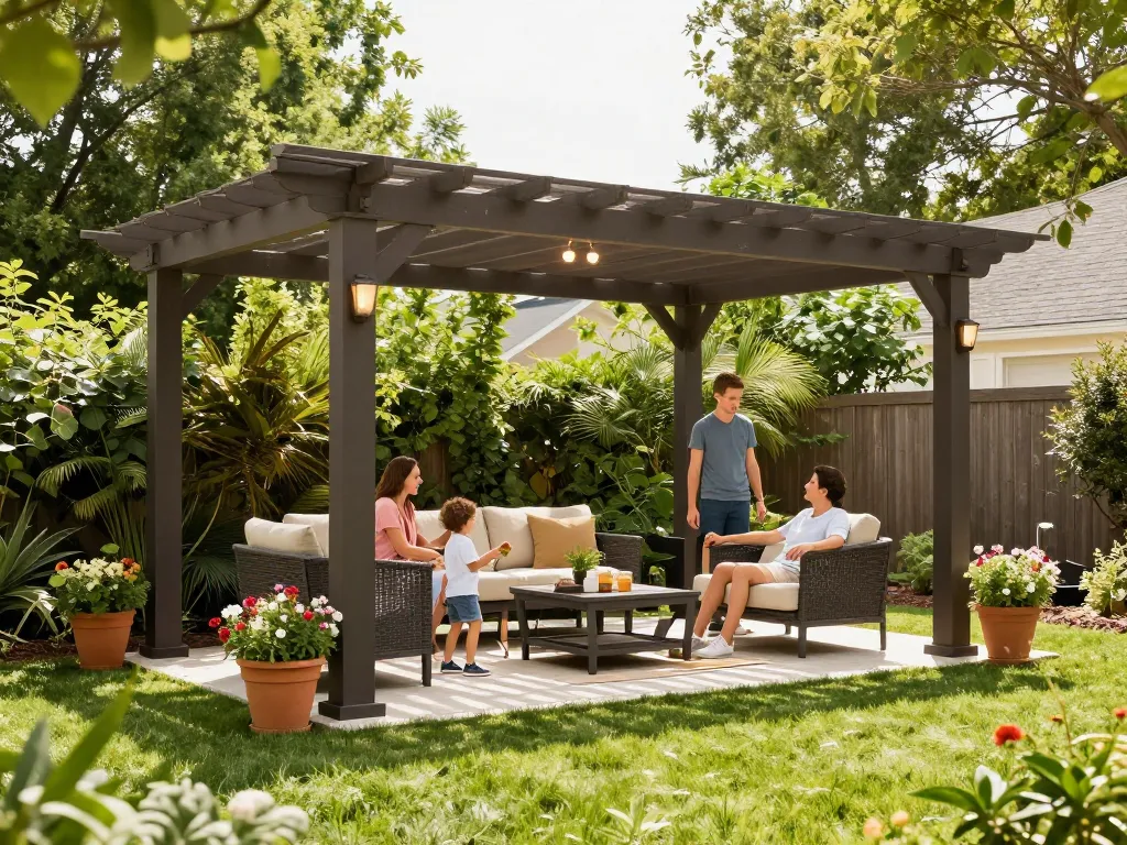 3D pergola configurator with family enjoying backyard around a stylish pergola, showcasing lively outdoor atmosphere.