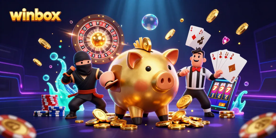 Winbox dynamic casino scene featuring a golden piggy bank sumo wrestler and action-packed gaming elements.