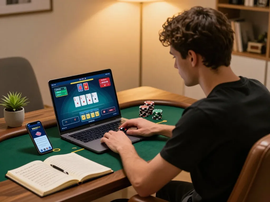 Player strategizing poker hands on NEGO77 app in a cozy home setup.