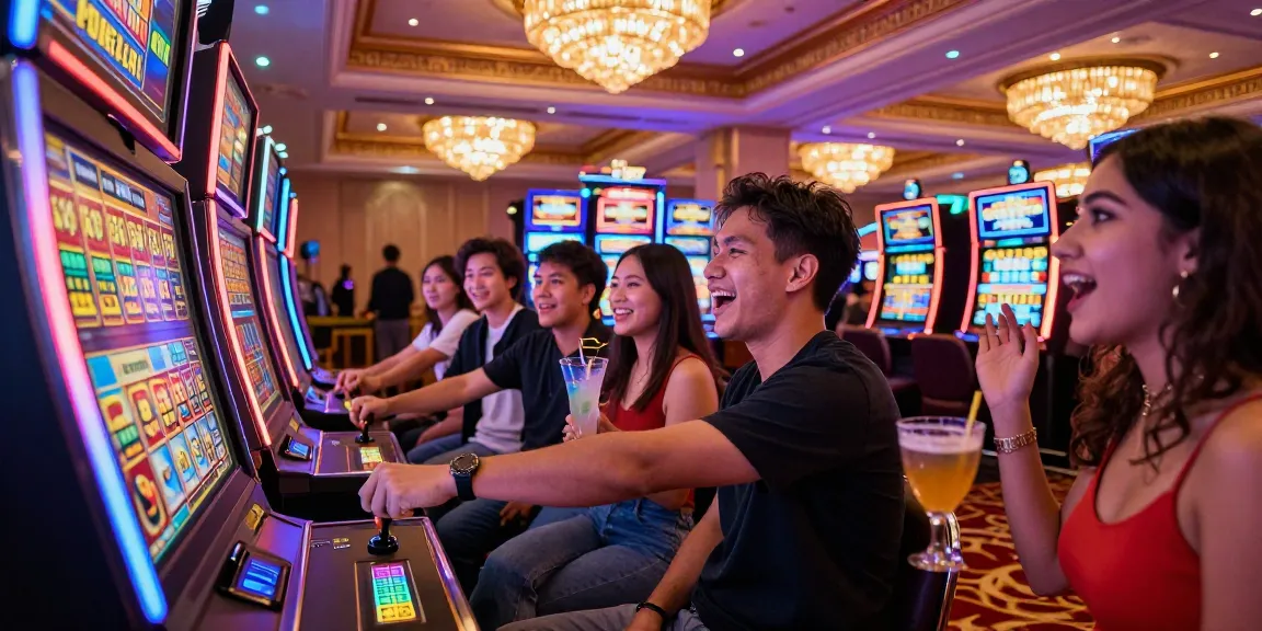 Friends celebrating at a slot machine in a lively casino, showcasing the excitement of winning with slot gacor gampang menang