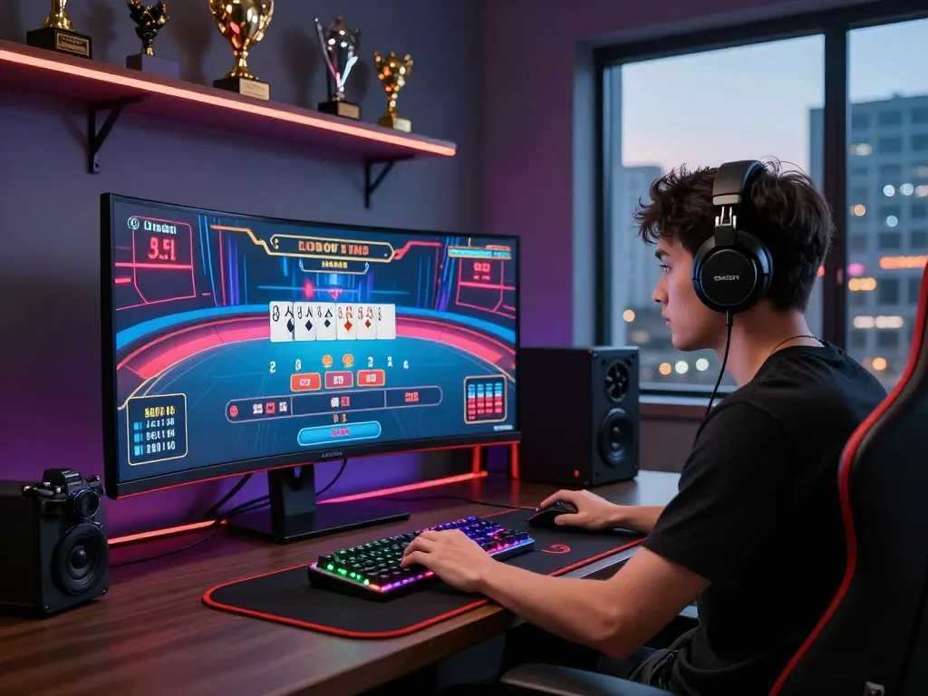 Online baccarat gaming scene featuring a player with high-tech gear and vibrant decor, highlighting the excitement of 바카라사이트.