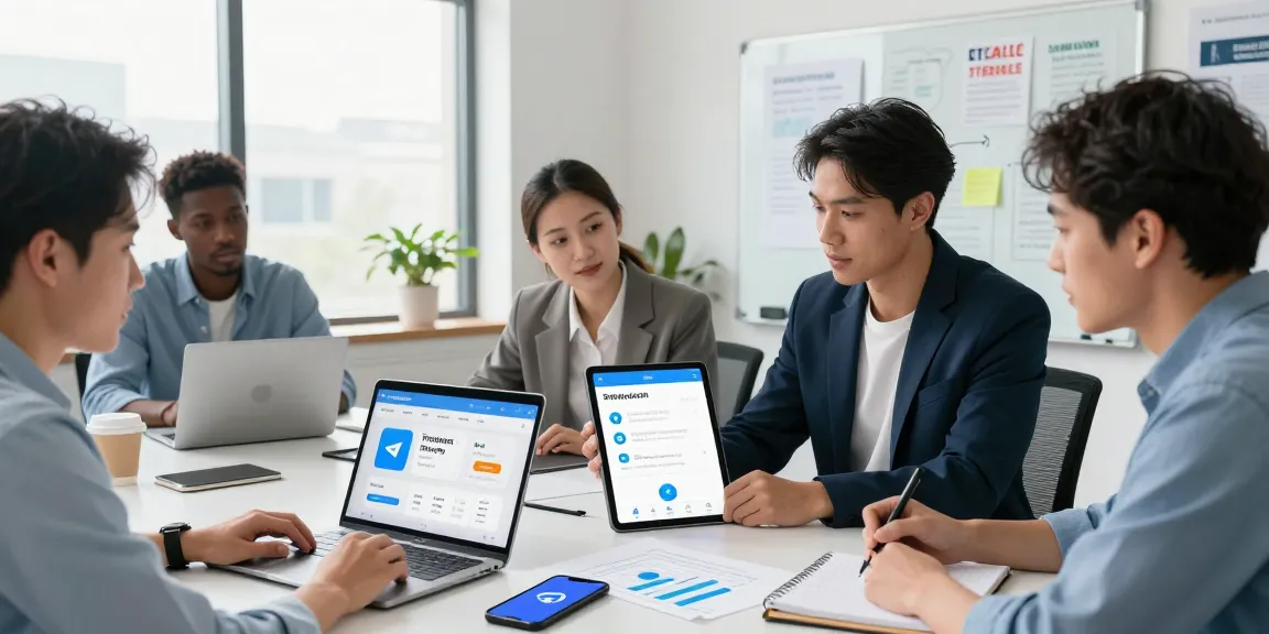 Team collaborating on Telegram中文 settings project in a modern office