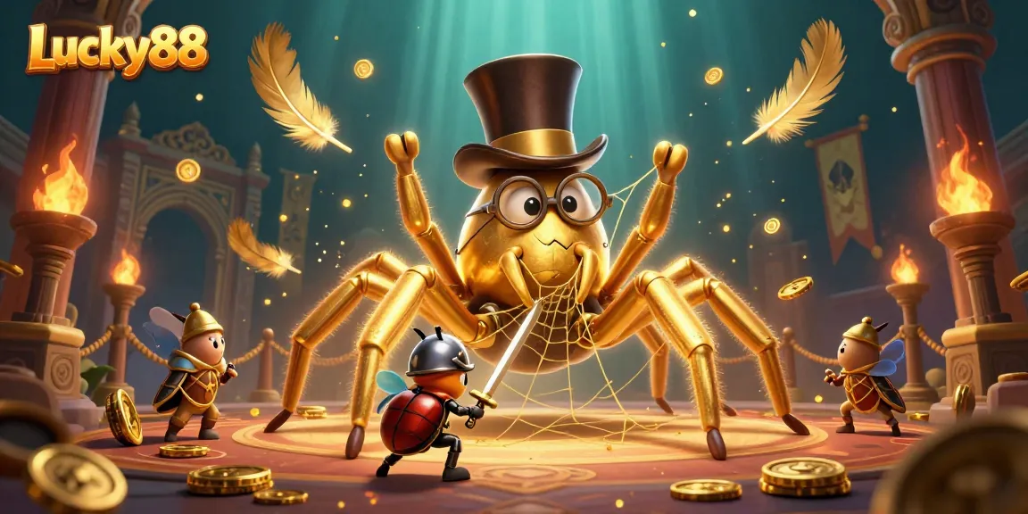 Engage in exciting gameplay at Lucky88 with a vibrant scene featuring a golden tarantula, a knight, and moth spectators.