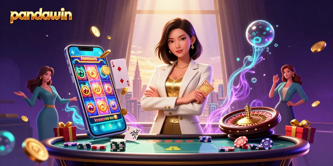 Pandawin menampilkan seorang pebisnis wanita Asia yang glamor memegang kartu emas dikelilingi oleh elemen kasino yang vibrant.