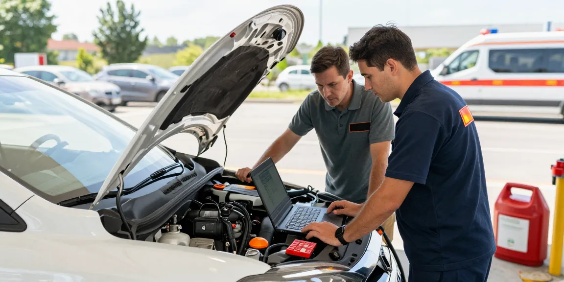 Technician addressing contamination in fuel tank during roadside assistance, demonstrating fuel drainage process.