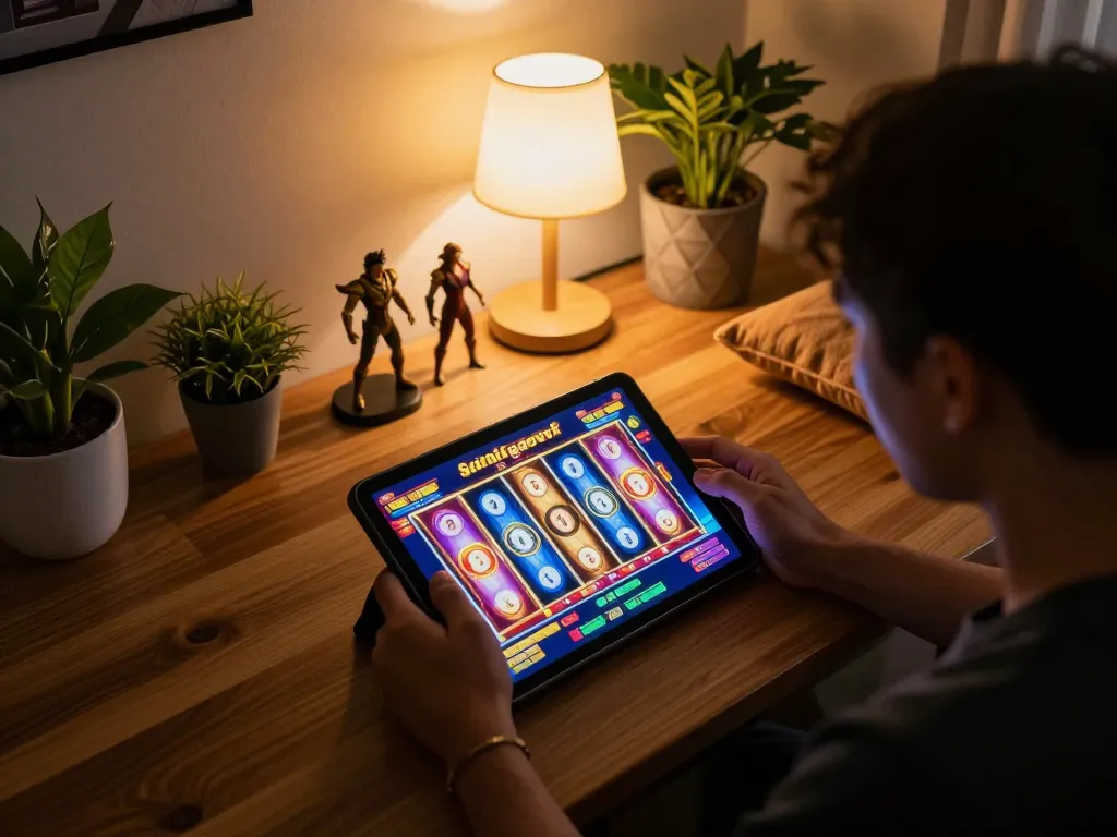 Screenshot of a player enjoying a situs gacor slot game on a tablet, showcasing high payouts.