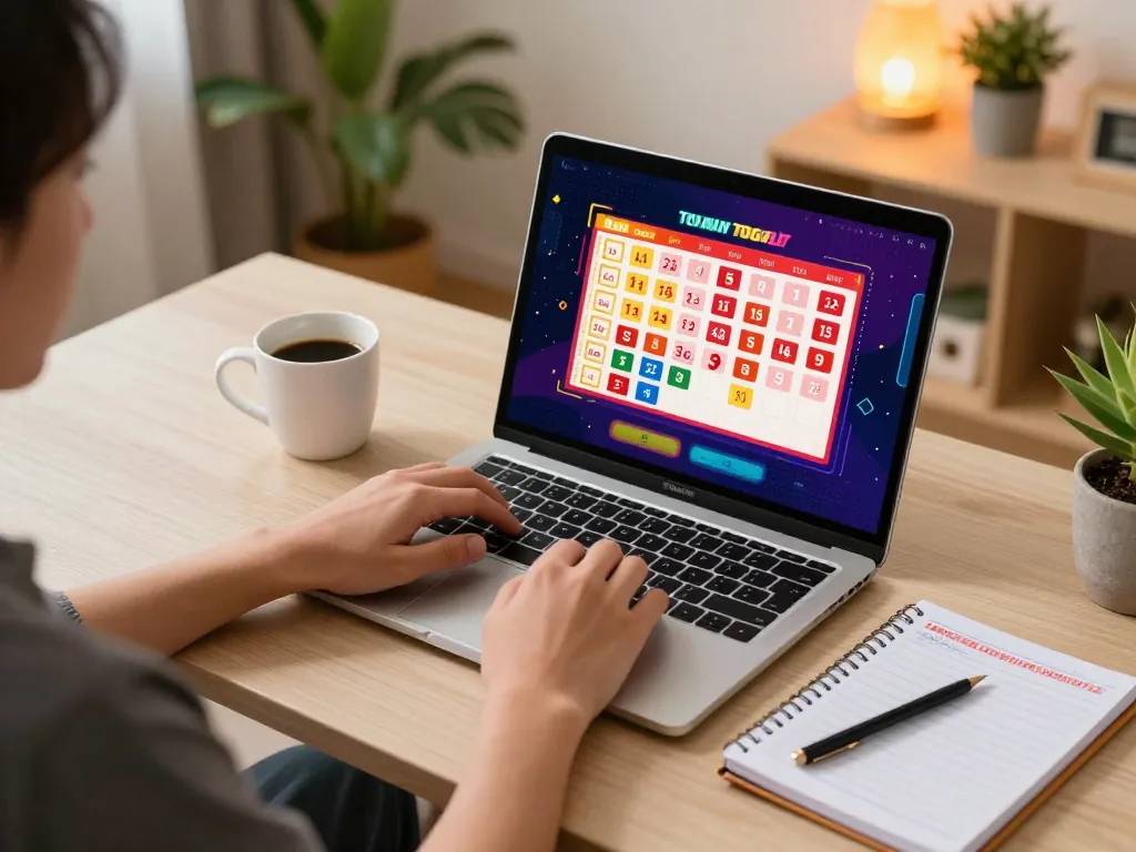 Engaged player using laptop for macan togel online betting with colorful interface visible