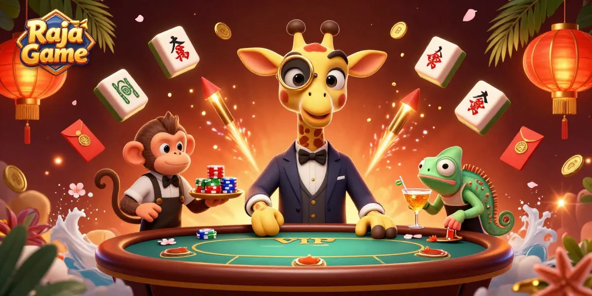 Experience exciting gameplay at Raja Game's vibrant casino scene with a high-roller giraffe and dynamic elements.