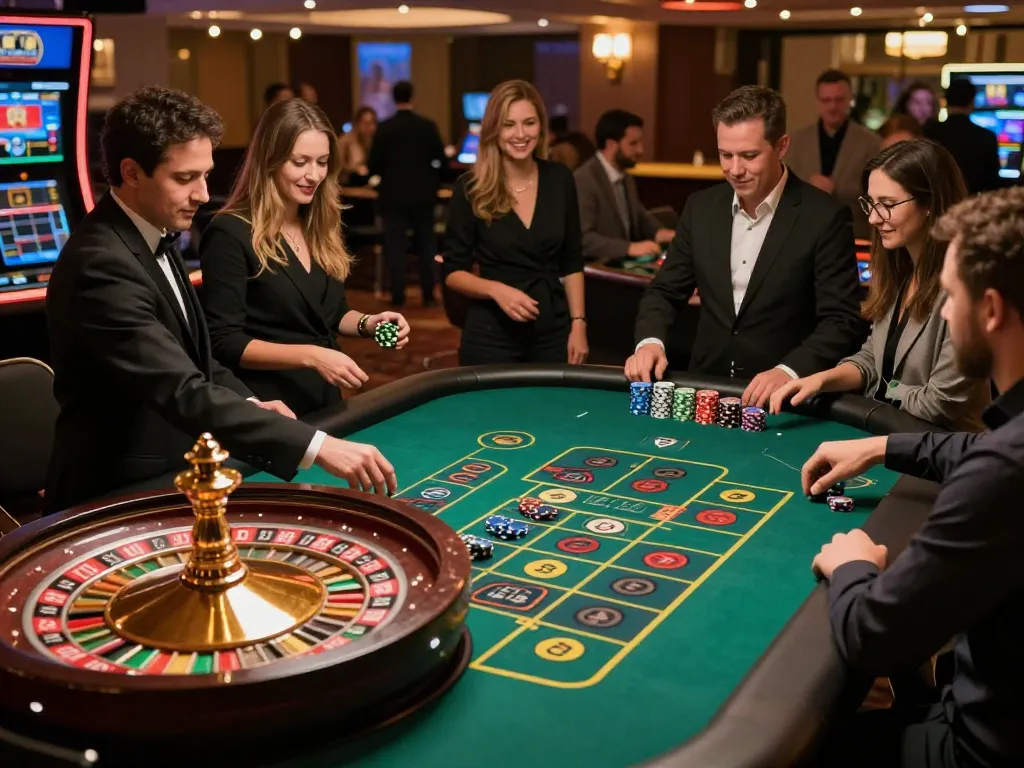 Experience exciting roulette action at fly88 com with players placing bets on a vibrant green felt table.