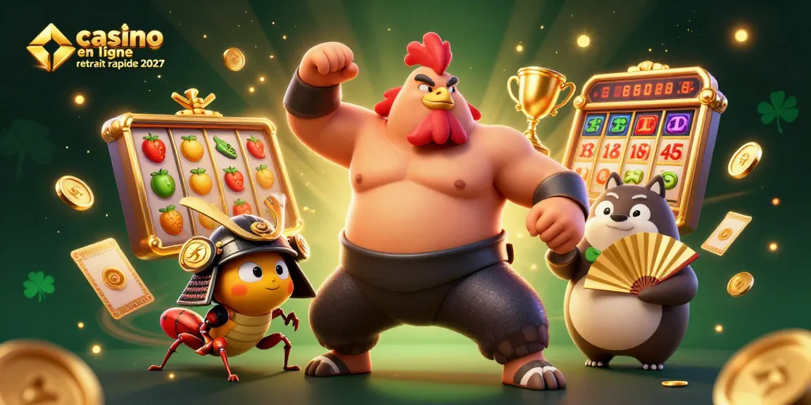 casino en ligne retrait rapide 2027, illustrations colorées de jeux de machines à sous et personnages dynamiques