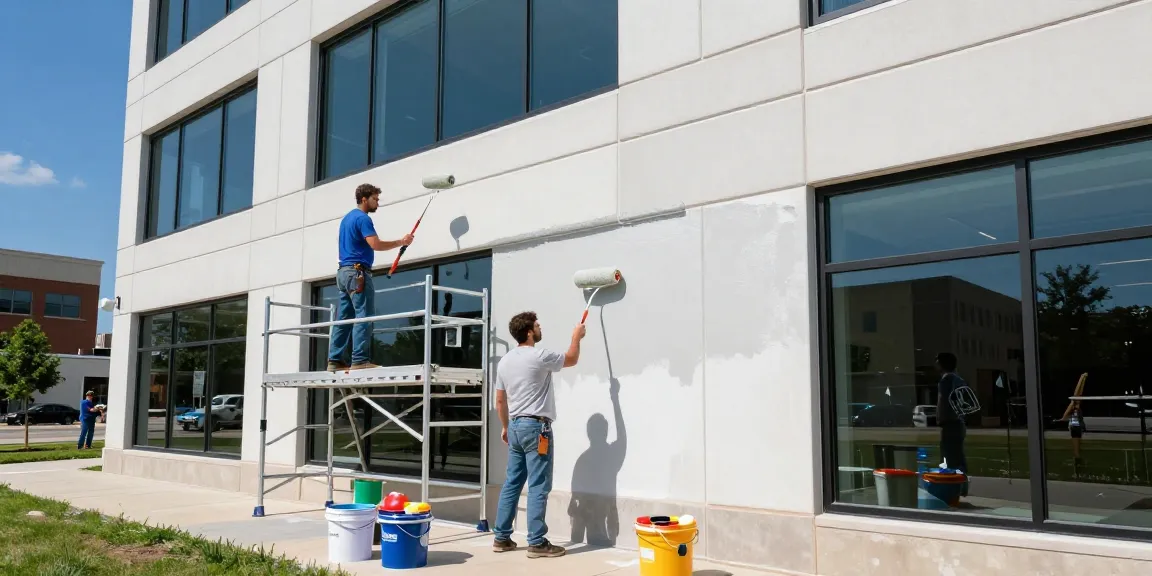 Commercial painters Polk County IA applying fresh paint to a modern office building in Des Moines with vibrant colors.