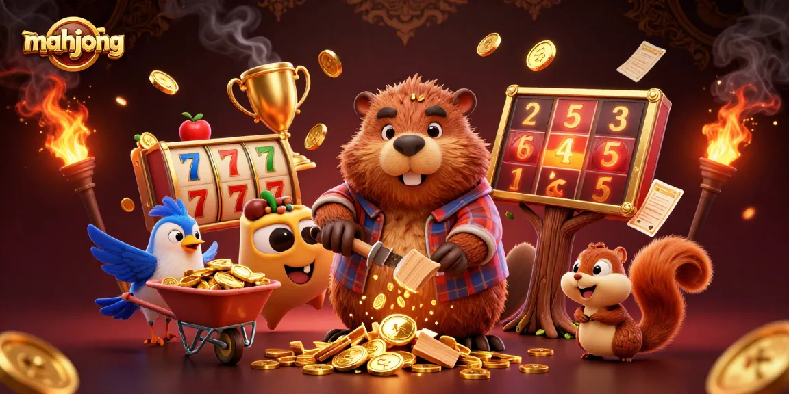 Play mahjong in this vibrant scene filled with gold coins, slot reels, and animated characters.