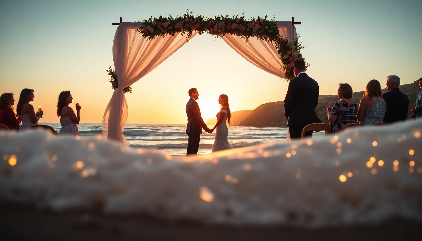 Big Sur wedding photographer captures a stunning seaside wedding with golden sunset lighting.
