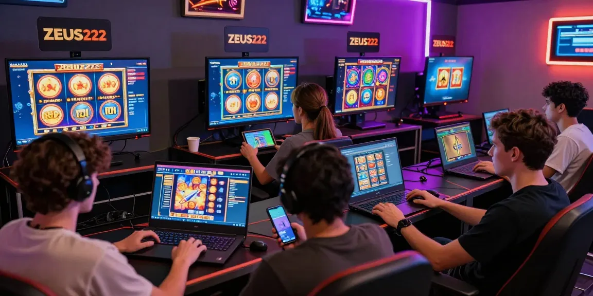 Engaged players enjoying ZEUS222 apk slot in vibrant gaming lounge with dynamic screens.