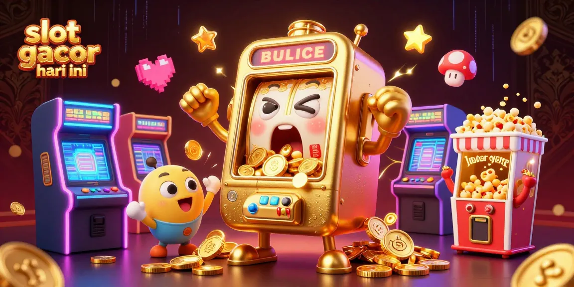 Permainan slot gacor hari ini dengan mesin slot berwarna emas yang senang mendapatkan jackpot dan koin mengalir keluar dikelilingi oleh mesin slot bayi yang bersorak.