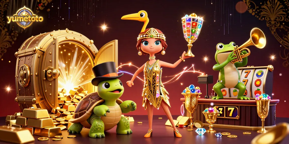 Menggali jackpot besar di yumetoto dengan simbol slot dan harta karun bersinar di latar belakang.