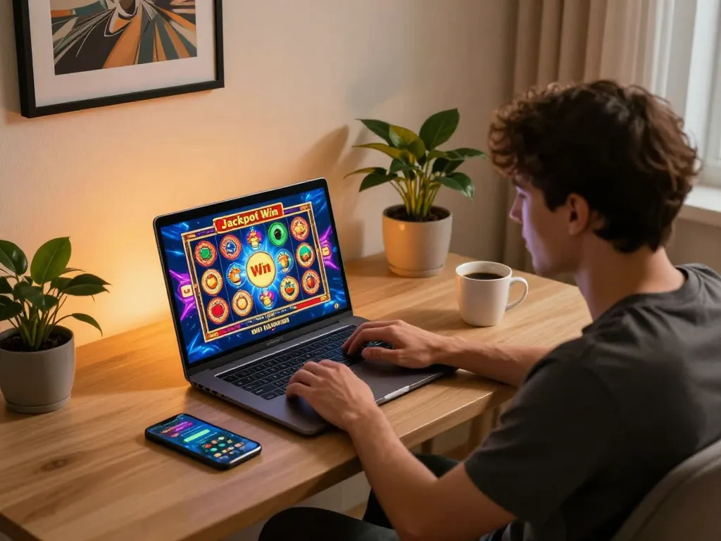 Engaging online gaming scene of dn88 player using laptop to enjoy slot games at home.