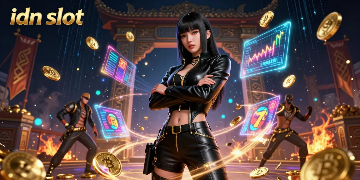 Engage with dynamic idn slot action featuring a powerful Asian woman surrounded by gaming elements and Bitcoin coins.